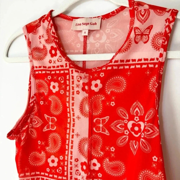 Lisa Says Gah Ariel Tank Top Shirt Sleeveless Bandana Sheer Print Pattern Red - Picture 8 of 8